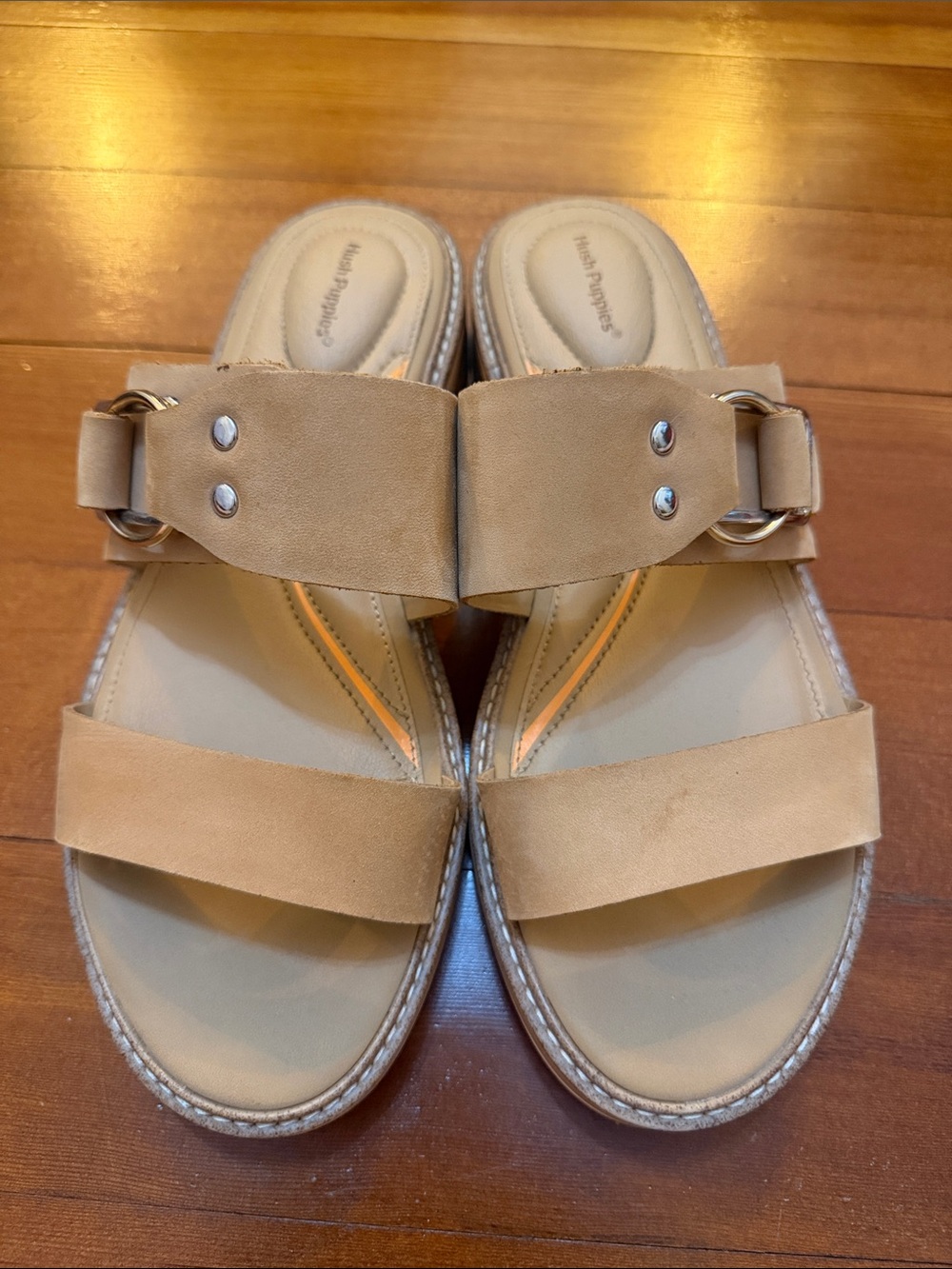 Hush Puppies Tan Slip-On Double Strap Sandals with Metal Ring Detail